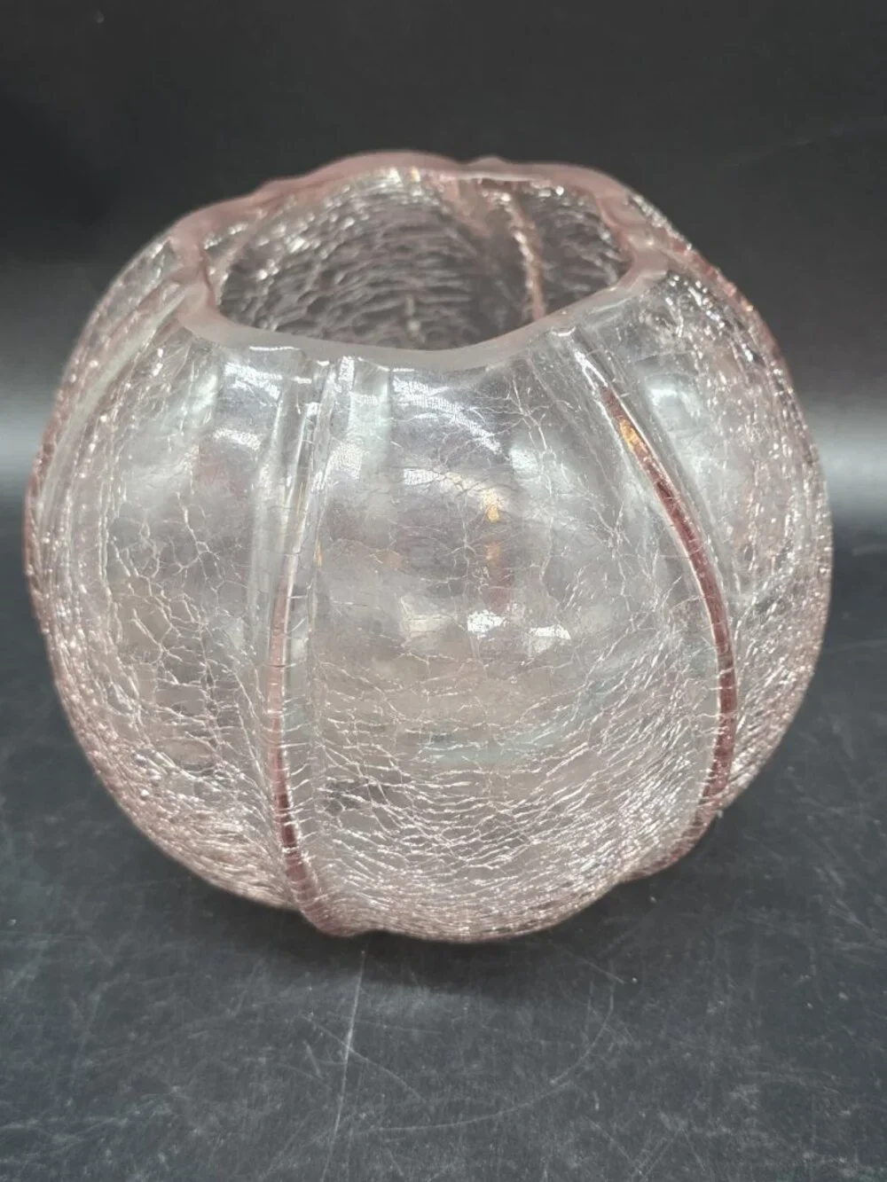 Pink Crackle Art Glass Rose Bowl Or Candle Holder Manganese Glows Purple Boho